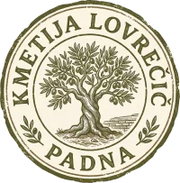 Logotip Kmetije Lovrečič Padna z ilustracijo tradicionalnega oljčnega drevesa